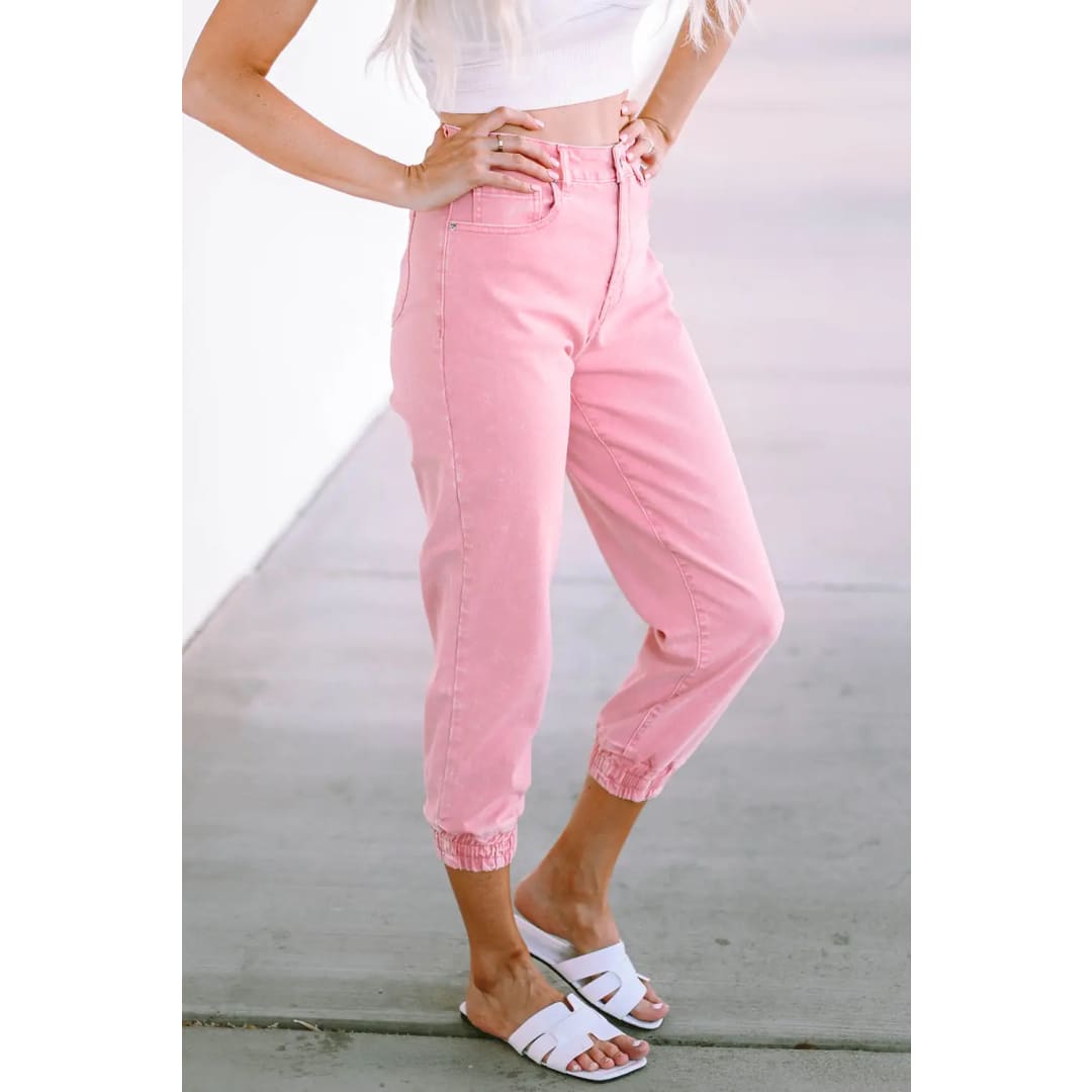 Pink Acid Wash Elastic Cuffed High Waist Jeans | Fashionfitz