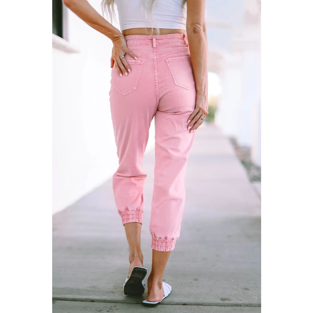 Pink Acid Wash Elastic Cuffed High Waist Jeans | Fashionfitz