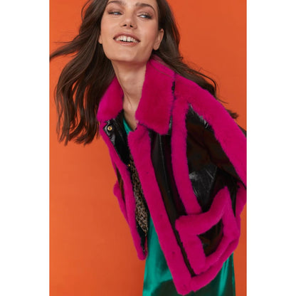 Pink Faux Leather with Faux Fur Trim Aviator Jacket | Buy Me Fur Ltd