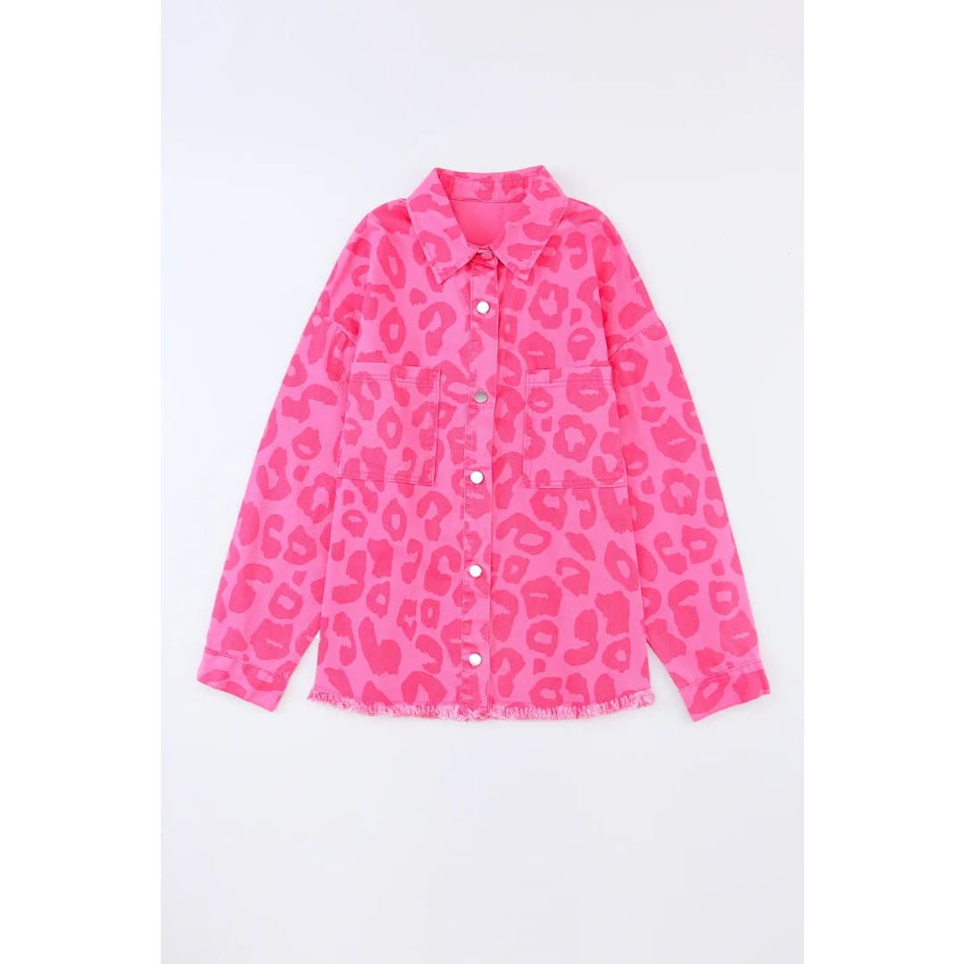 Pink Leopard Print Button Cuffs Raw Hem Jacket | Fashionfitz