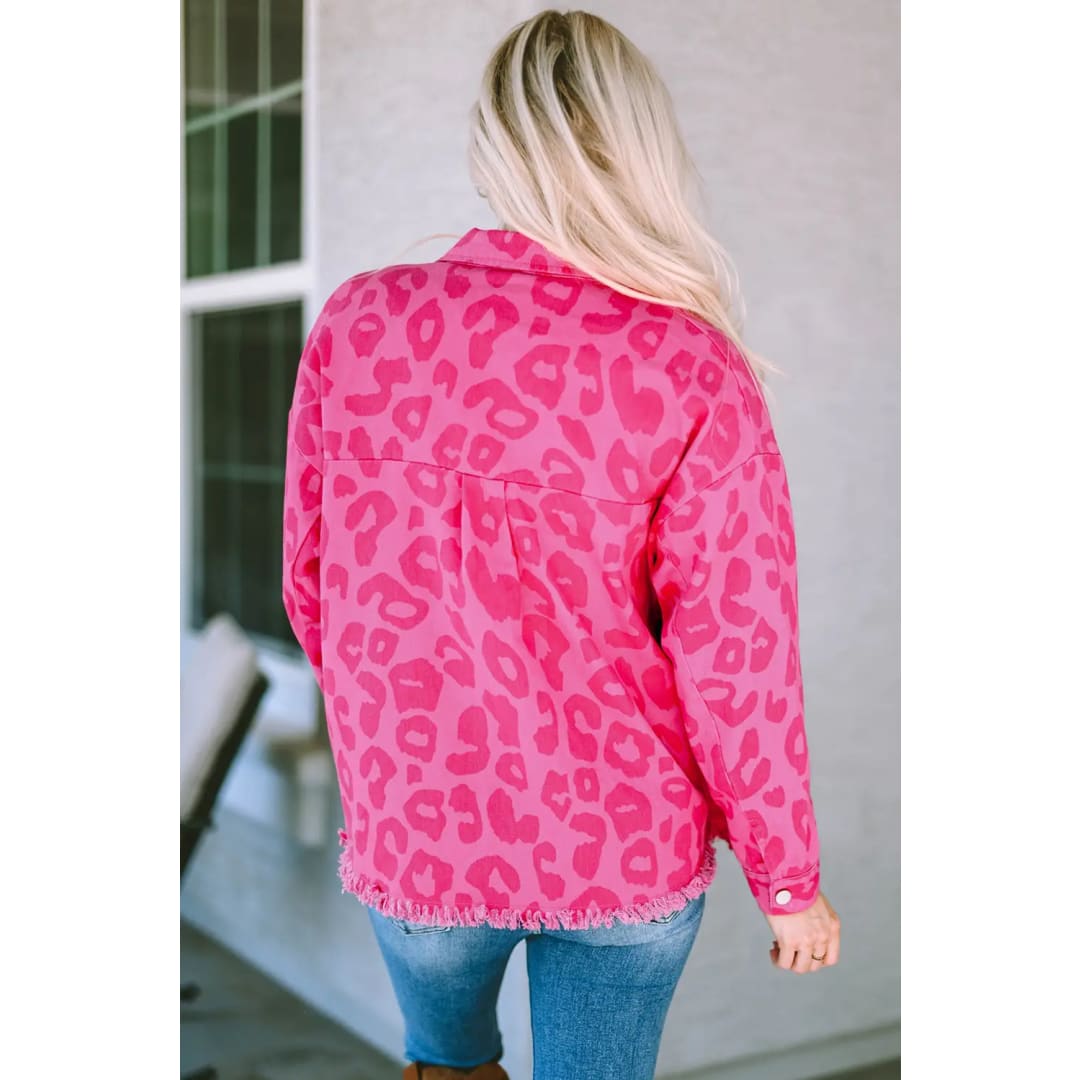 Pink Leopard Print Button Cuffs Raw Hem Jacket | Fashionfitz