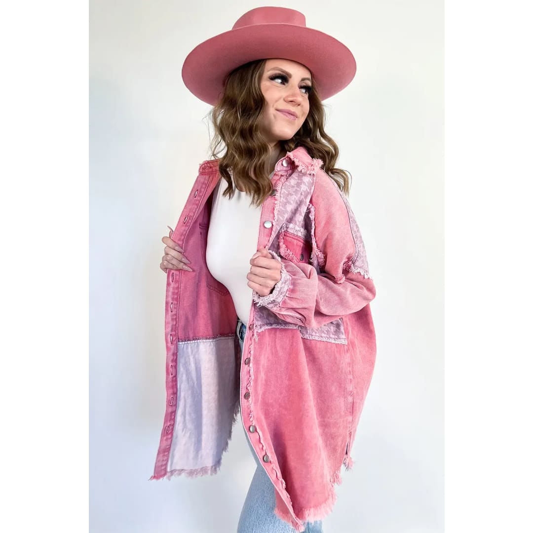 Pink Retro Distressed Houndstooth Patchwork Denim Jacket | Fashionfitz