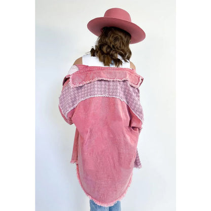 Pink Retro Distressed Houndstooth Patchwork Denim Jacket | Fashionfitz