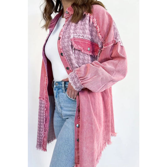 Pink Retro Distressed Houndstooth Patchwork Denim Jacket | Fashionfitz
