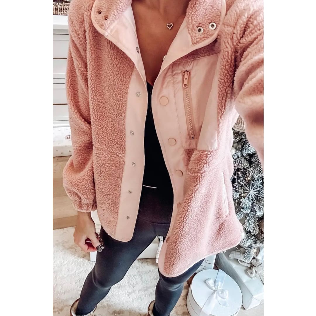 Pink Sherpa Contrast Trim Zipped Pocket Jacket | Fashionfitz