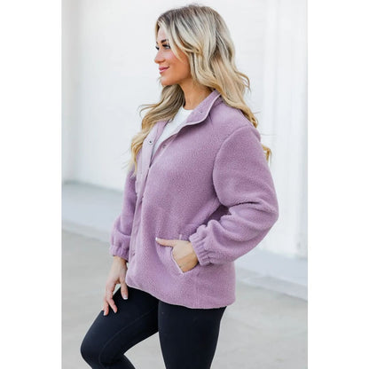 Pink Sherpa Contrast Trim Zipped Pocket Jacket | Fashionfitz