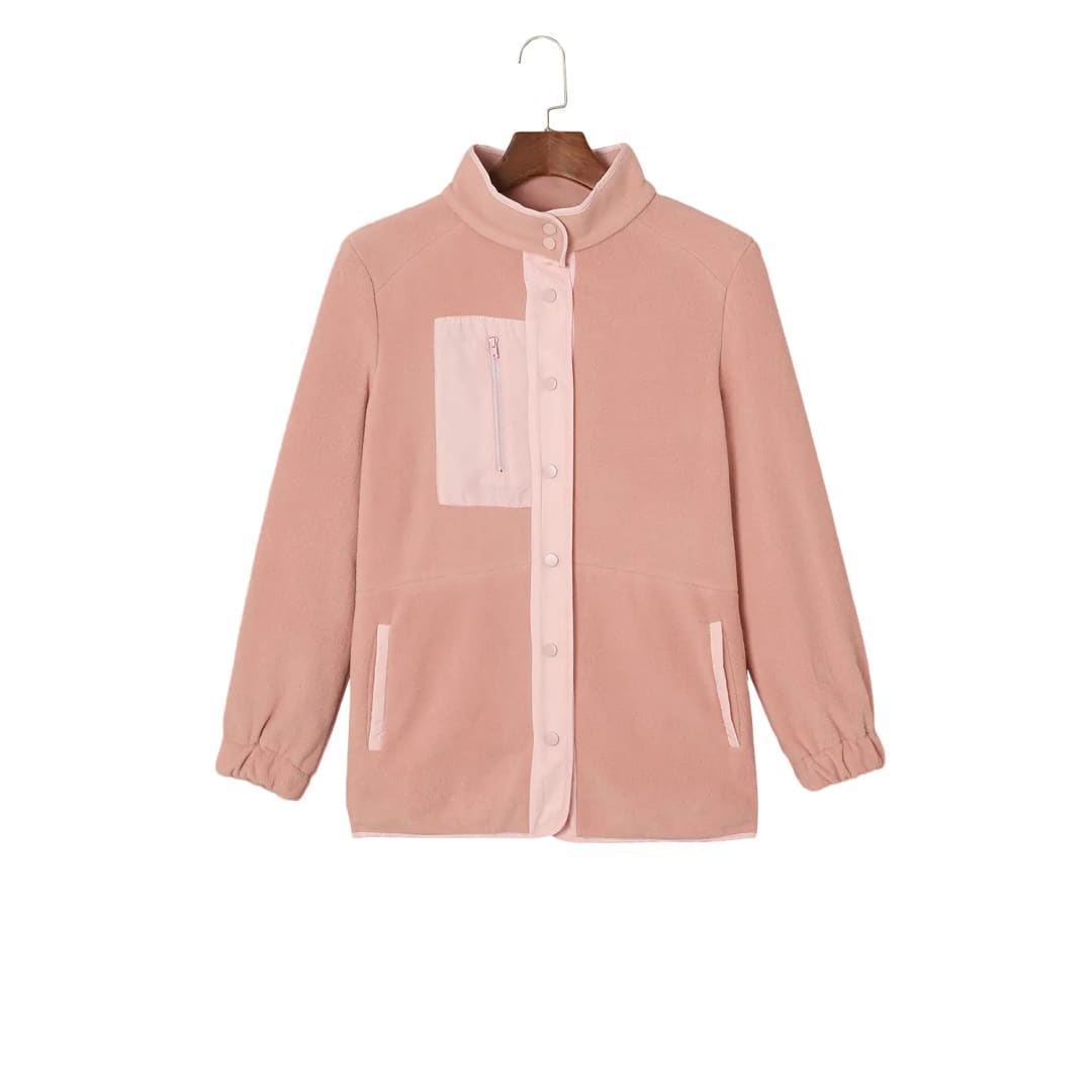 Pink Sherpa Contrast Trim Zipped Pocket Jacket | Fashionfitz