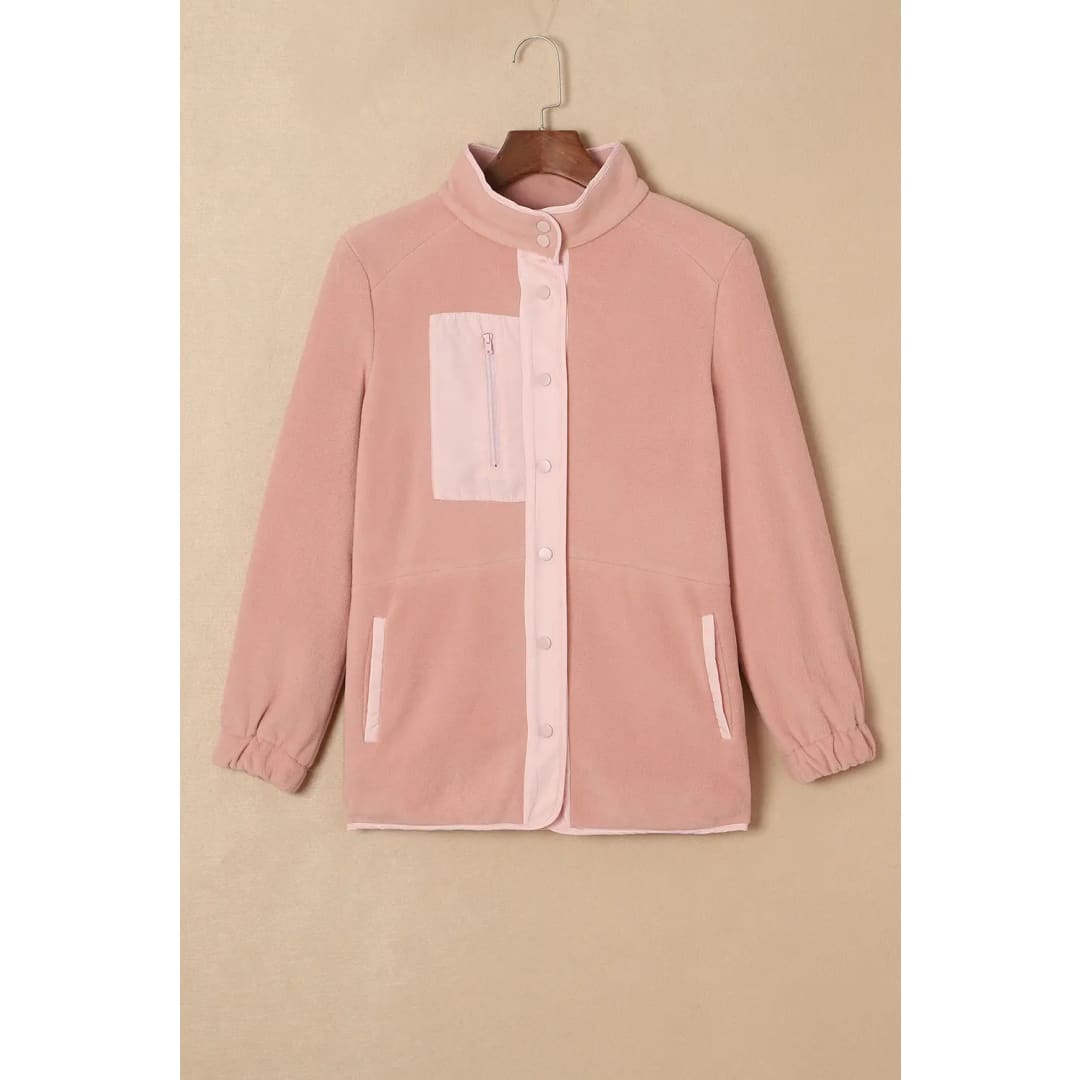 Pink Sherpa Contrast Trim Zipped Pocket Jacket | Fashionfitz