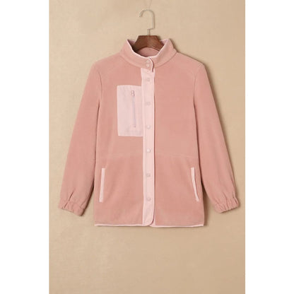 Pink Sherpa Contrast Trim Zipped Pocket Jacket | Fashionfitz