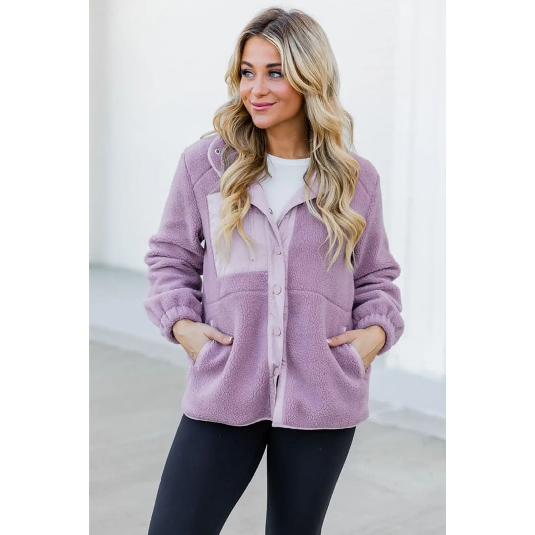 Pink Sherpa Contrast Trim Zipped Pocket Jacket | Fashionfitz