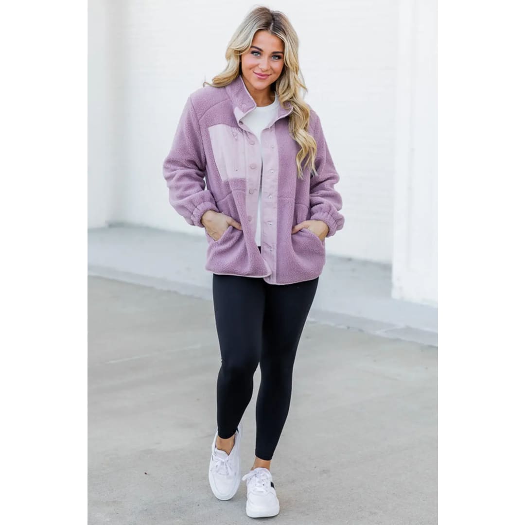 Pink Sherpa Contrast Trim Zipped Pocket Jacket | Fashionfitz