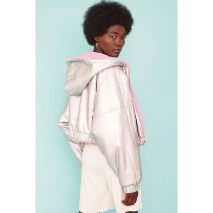 Pink - Silver Faux Shearling Reversible Hooded Jacket | Buy Me Fur Ltd