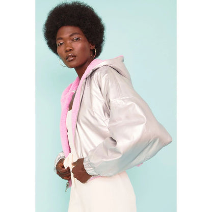 Pink - Silver Faux Shearling Reversible Hooded Jacket | Buy Me Fur Ltd