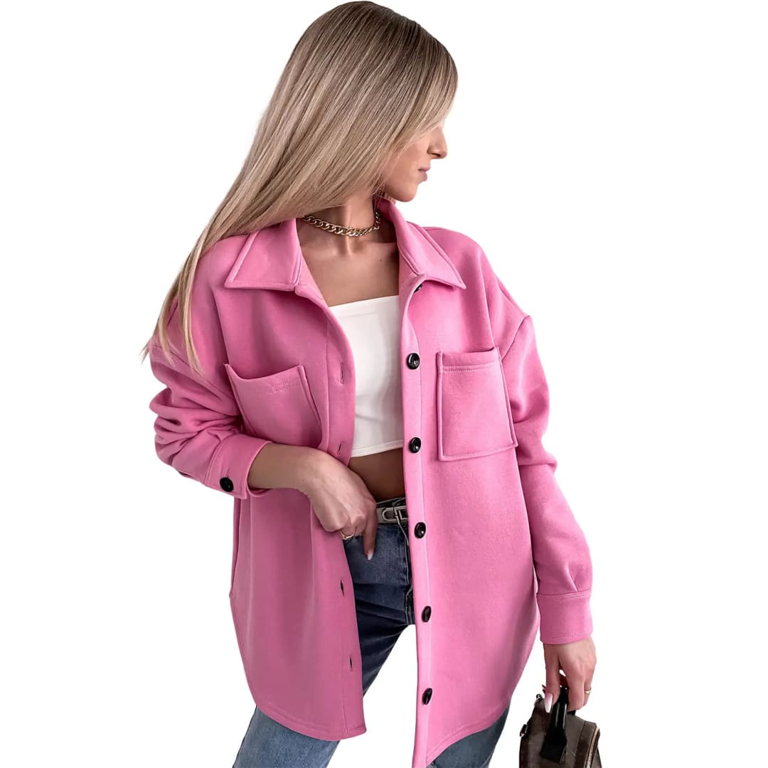 Pink Solid Color Pocketed Button up Long Sleeve Shacket | Fashionfitz