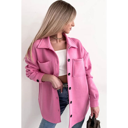 Pink Solid Color Pocketed Button up Long Sleeve Shacket | Fashionfitz