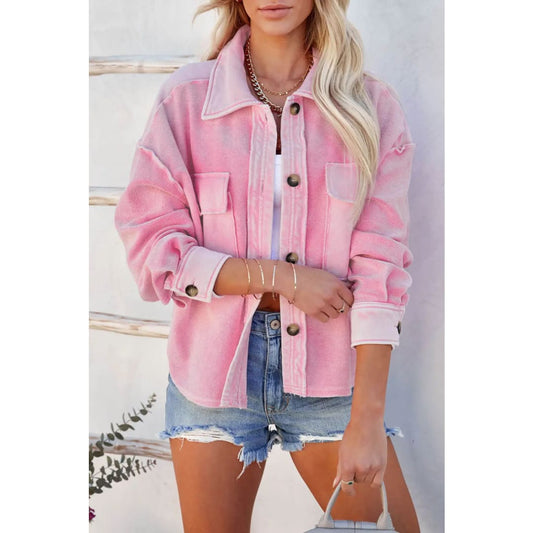 Pink Turn-Down Collar Pockets Shirt Jacket | Fashionfitz