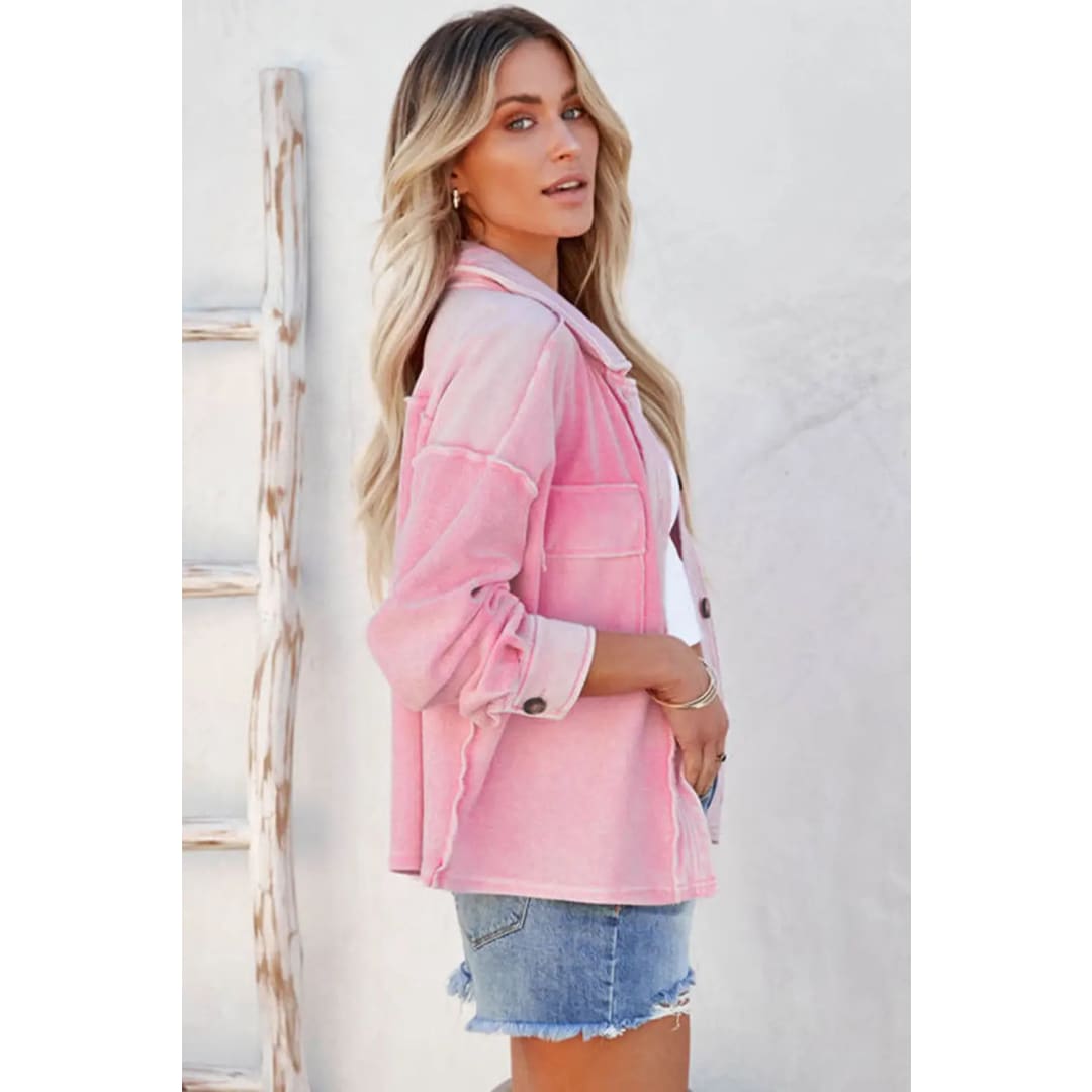 Pink Turn-Down Collar Pockets Shirt Jacket | Fashionfitz