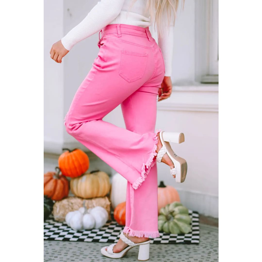 Pink Vintage High Waist Flare Leg Ripped Raw Hem Jeans | Fashionfitz