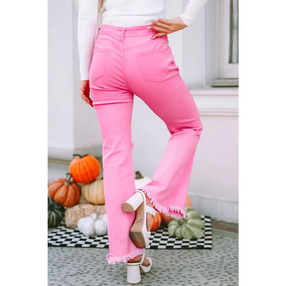 Pink Vintage High Waist Flare Leg Ripped Raw Hem Jeans | Fashionfitz