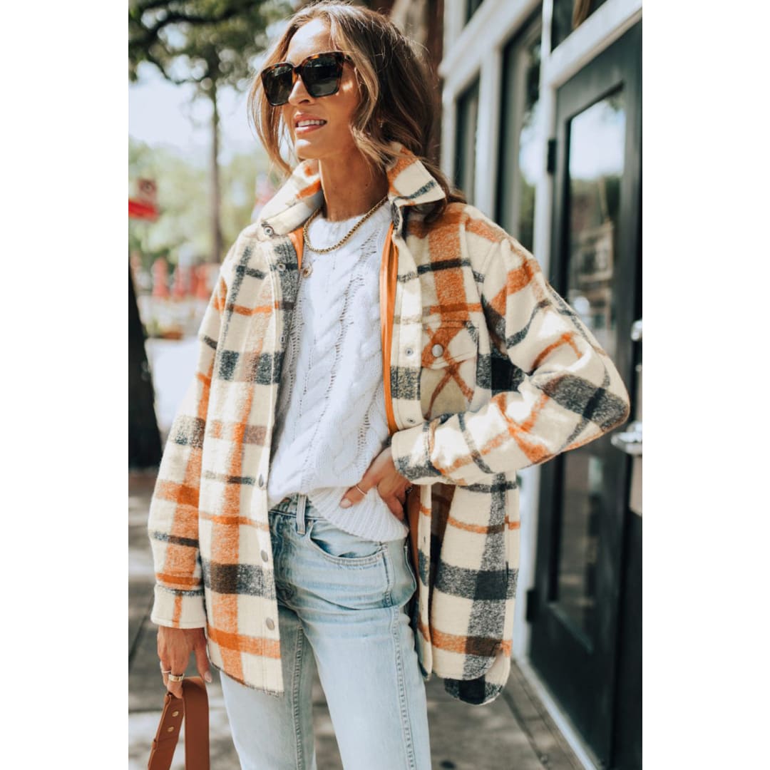 Plaid Print Turn Down Collar Buttoned Shacket | DropshipClothes