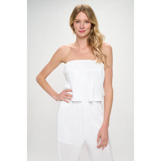 Plisse Solid Strapless Straight Leg Jumpsuit | The Urban Clothing Shop™
