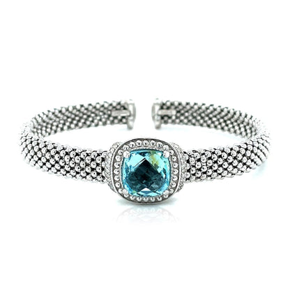 Popcorn Texture Cuff Bangle with Blue Topaz and Diamonds in Sterling Silver | Richard