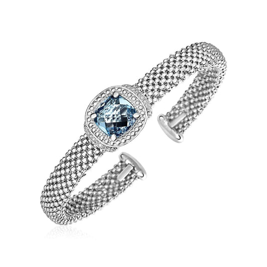 Popcorn Texture Cuff Bangle with Blue Topaz and Diamonds in Sterling Silver | Richard