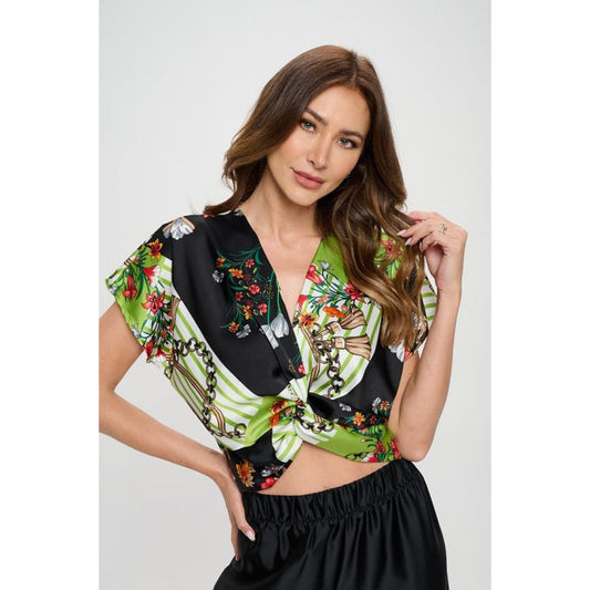 Print Satin Short Sleeve Top with Front Twist | The Urban Clothing Shop™