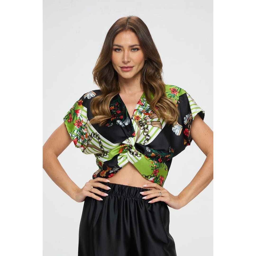 Print Satin Short Sleeve Top with Front Twist | The Urban Clothing Shop™