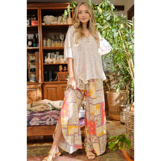 And The Why Printed Smocking Waist Side Slit Wide Leg Pants | The Urban Clothing Shop™