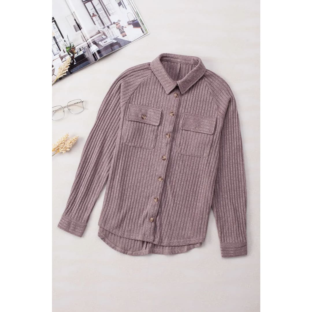 Purple Button Flap Pocket Ribbed Knit Shacket | Fashionfitz