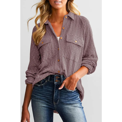 Purple Button Flap Pocket Ribbed Knit Shacket | Fashionfitz