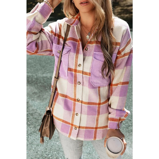 Purple Corduroy Pockets Brushed Checkered Shacket | Fashionfitz