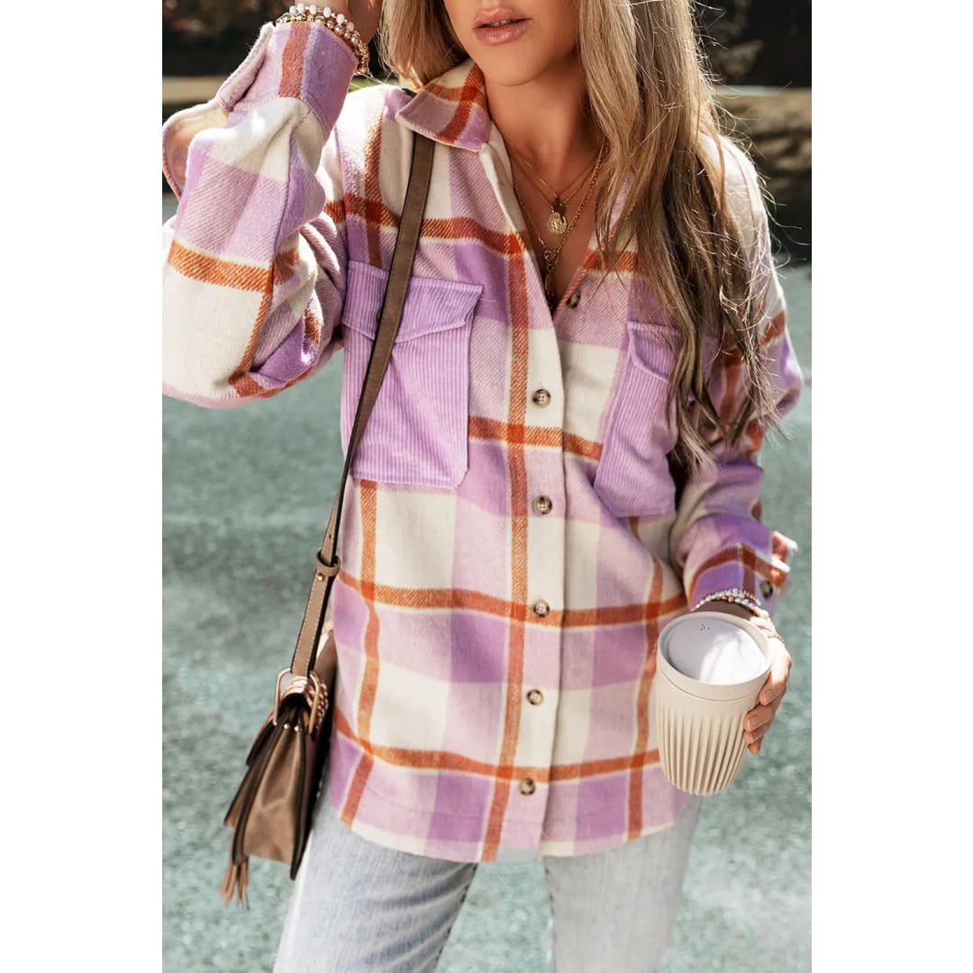 Purple Corduroy Pockets Brushed Checkered Shacket | Fashionfitz