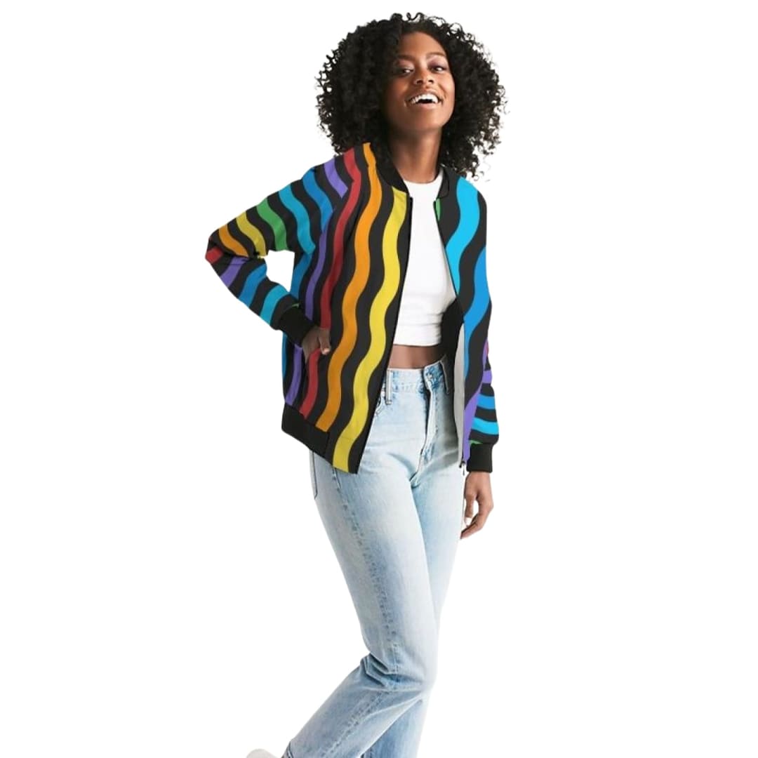 Rainbow Stripe Style Classic Womens Bomber Jacket | IKIN | inQue.Style
