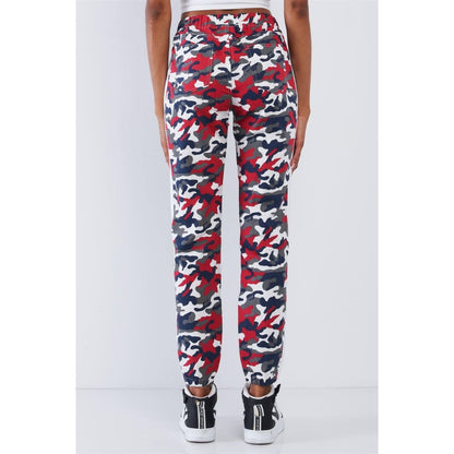 Red & Blue Camouflage High Waisted White Side Striped Elastic Waist Draw String Cargo