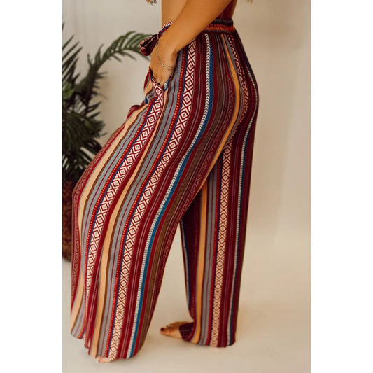 Red Boho Ethnic Striped Print Tie Waist Wide Leg Pants | Fashionfitz