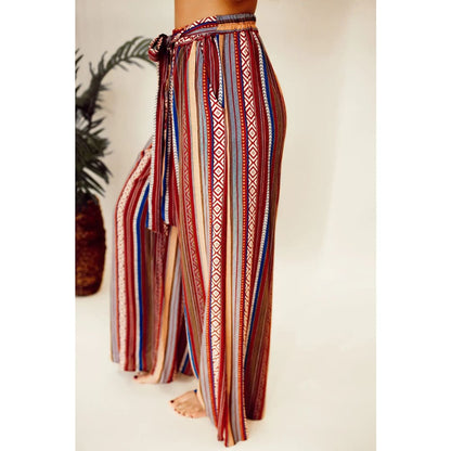 Red Boho Ethnic Striped Print Tie Waist Wide Leg Pants | Fashionfitz