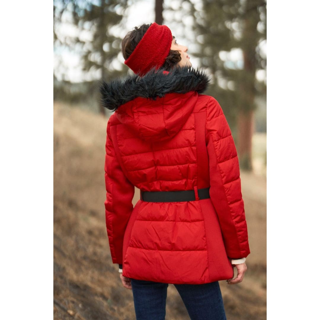 Red Faux Fur Harness Buckle Belt Detail Long Fitted Puffer Jacket | M.P. Clothing