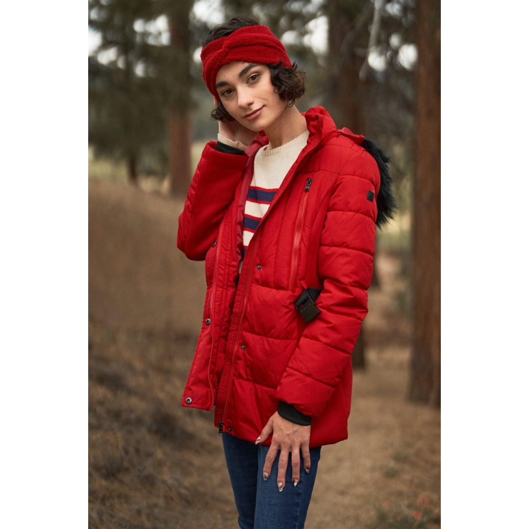 Red Faux Fur Harness Buckle Belt Detail Long Fitted Puffer Jacket | M.P. Clothing