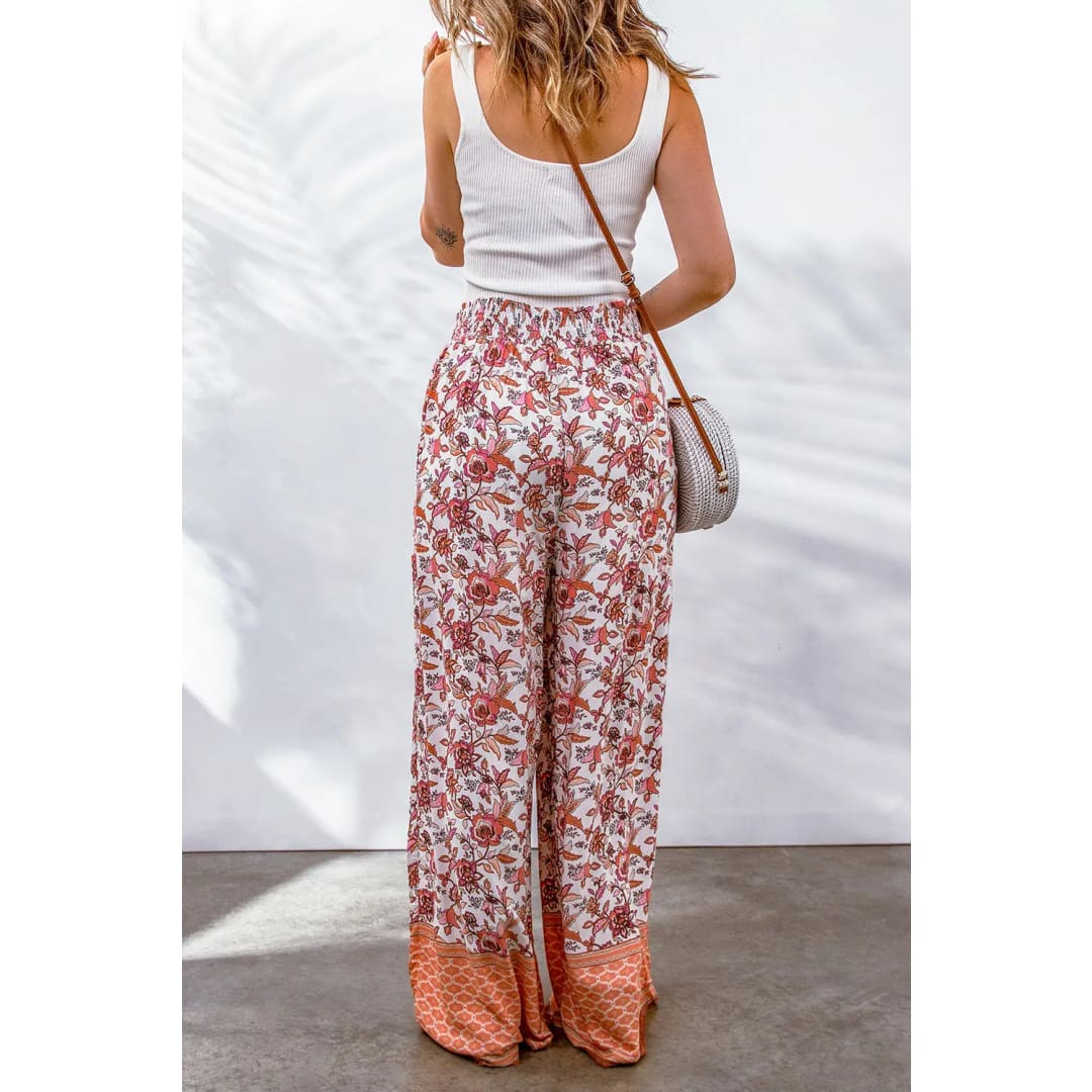 Red Floral Print Shirred High Waist Wide Leg Pants | Fashionfitz