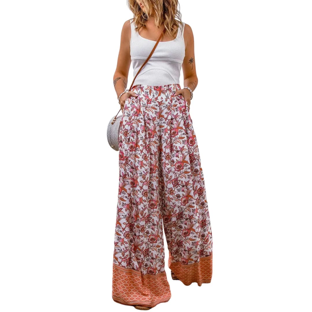 Red Floral Print Shirred High Waist Wide Leg Pants | Fashionfitz