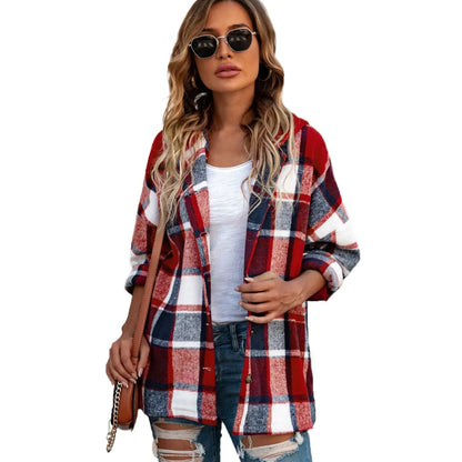 Red Hooded Plaid Button Front Shacket | Fashionfitz