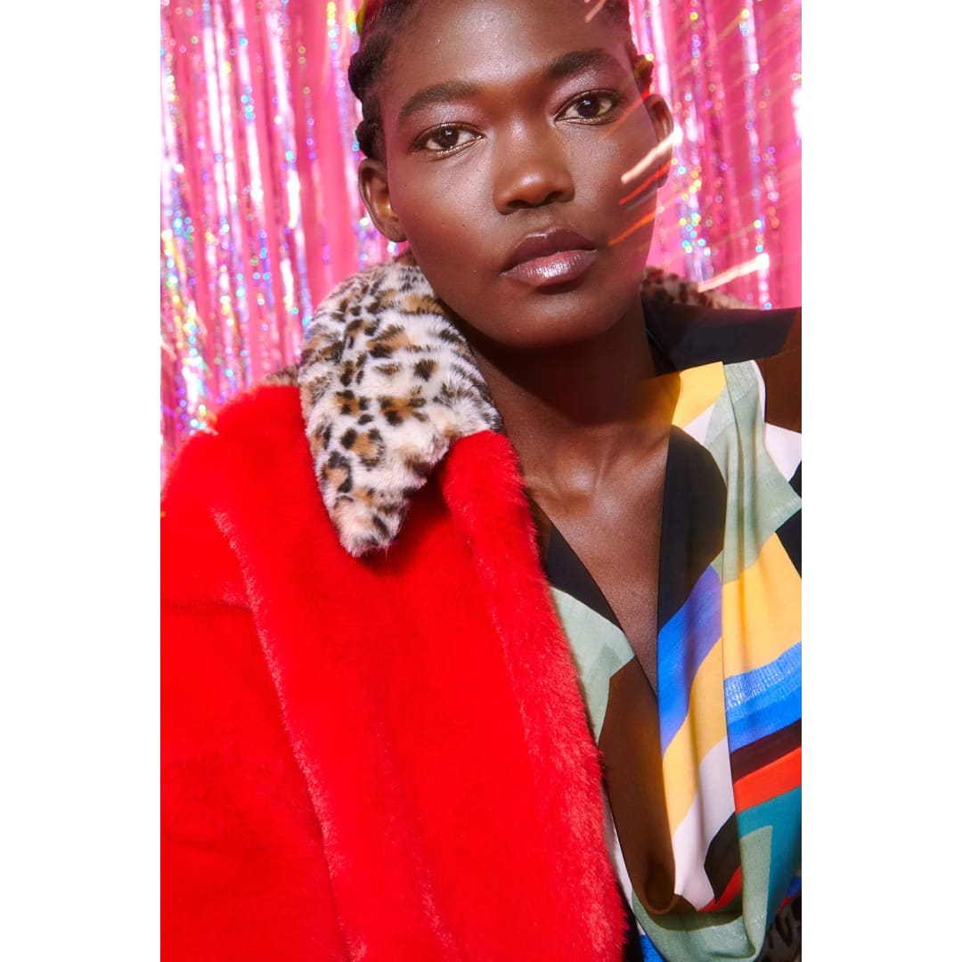 Red and Leopard Print Faux Fur Coat | Buy Me Fur Ltd
