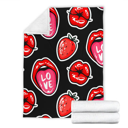 Red Lips Strawberry Kiss Love Premium Blanket | The Urban Clothing Shop™