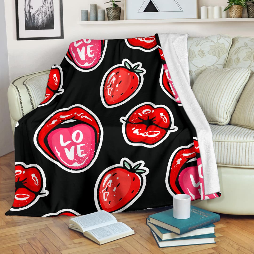 Red Lips Strawberry Kiss Love Premium Blanket | The Urban Clothing Shop™