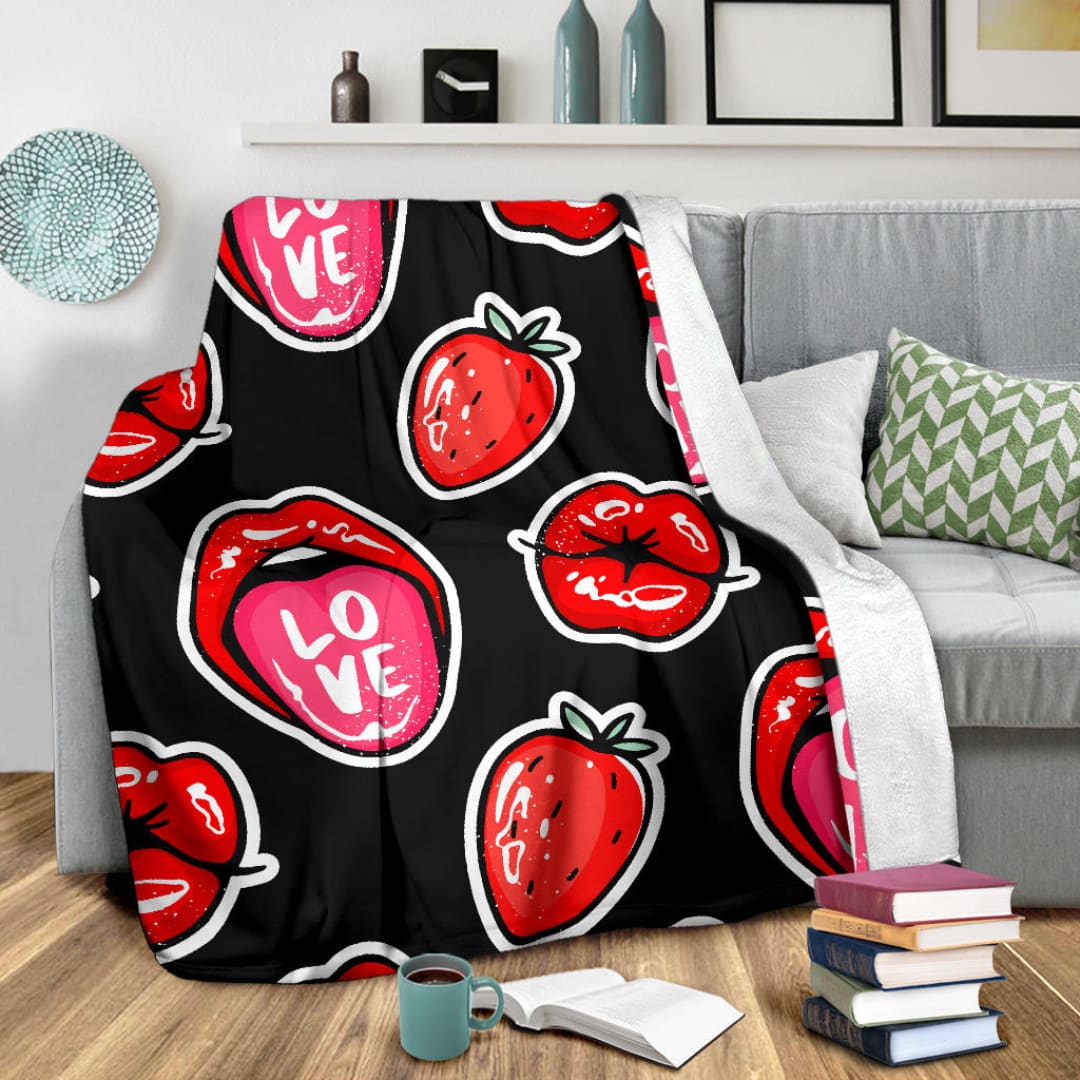 Red Lips Strawberry Kiss Love Premium Blanket | The Urban Clothing Shop™