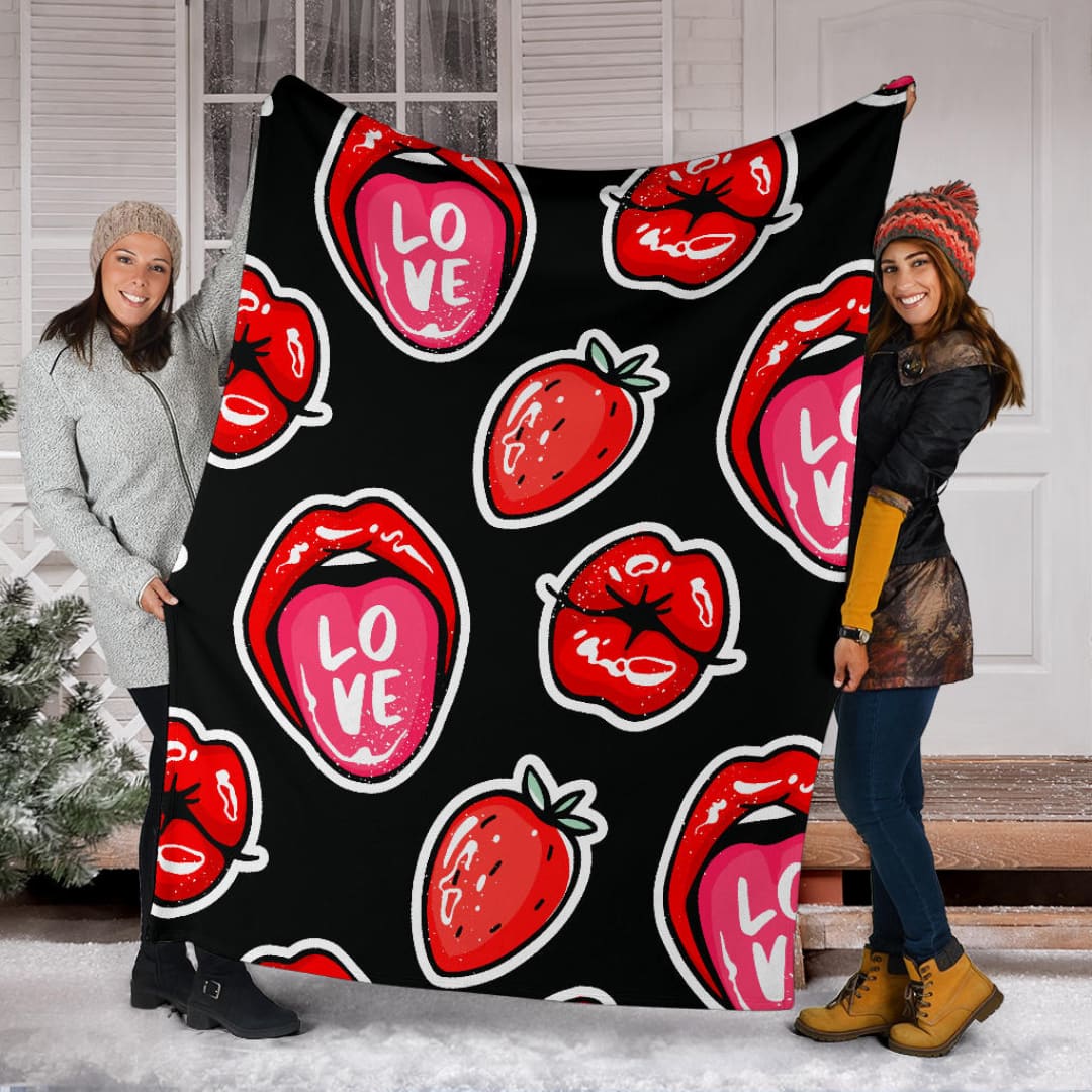 Red Lips Strawberry Kiss Love Premium Blanket | The Urban Clothing Shop™