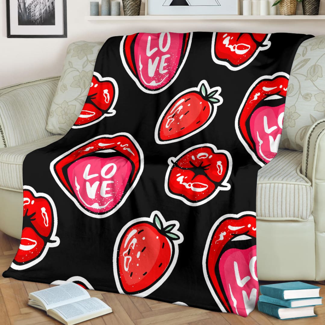 Red Lips Strawberry Kiss Love Premium Blanket | The Urban Clothing Shop™