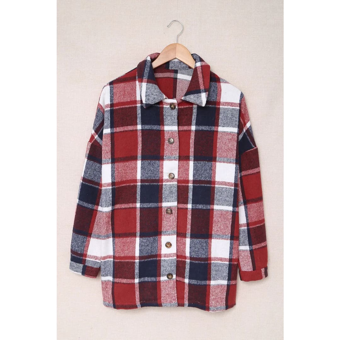 Red Plaid Print Buttoned Shirt Jacket | Fashionfitz